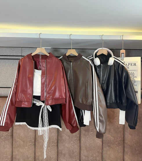 Stripes Crop PU Leather Jacket